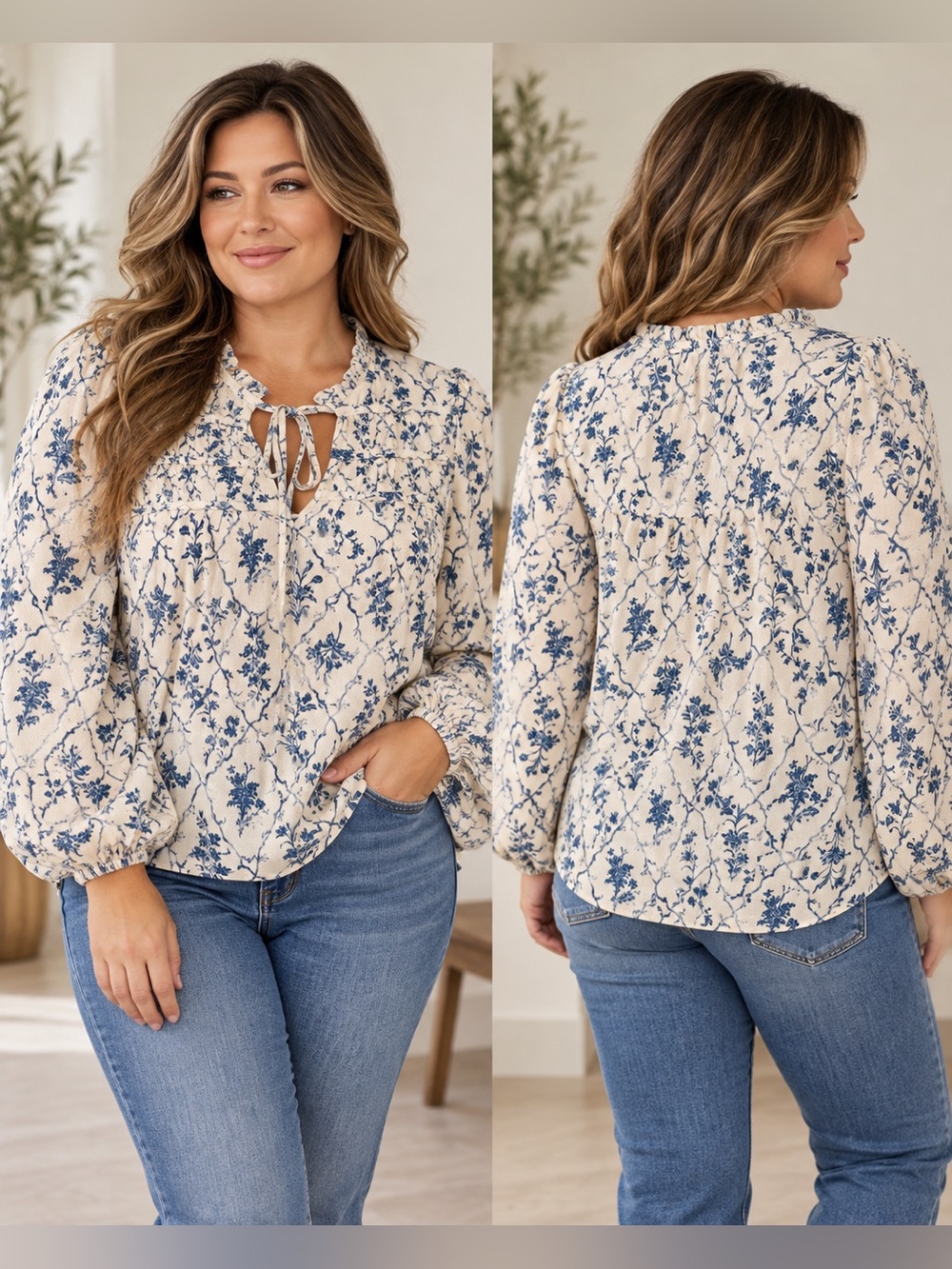NWT Polagram Blue Floral Ivory Balloon Sleeve Ruffle Tie Neck Blouse 1XL